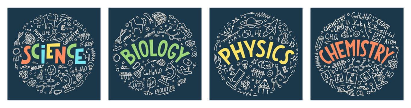 Science. Biology. Physics. Chemistry. Set from hand drawn doodles with lettering. School subjects vector illustrations on dark blue background.