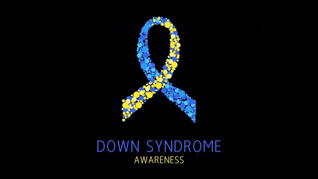 Down syndrome awareness animation of blue and yellow dots forming a ribbon. Genetic disease medical concept. Seamless loop motion graphics with alpha channel.