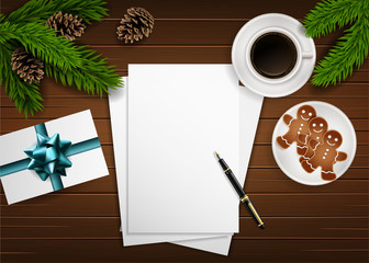 Composition on dark wood table with spruce branches, coffee, cookies, present and empty paper. Christmas flat lay.