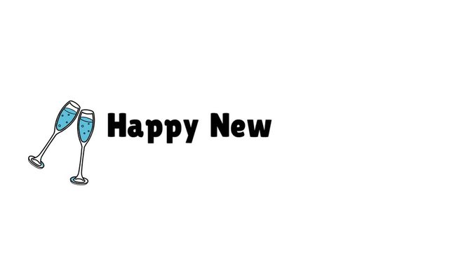 Wishing happy happy new year 2d animation hand written text lettering whiteboard isolated white background with image picture. Quote banner animated Video concept fit for business, non formal