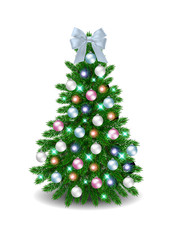 Realistic decorated Christmas tree isolated on white background
