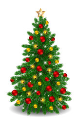 Realistic decorated Christmas tree with red ornaments and light bauble isolated on white background.