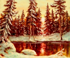 Oil paintings landscape, winter in forest, christmas tree with decoration, fine art