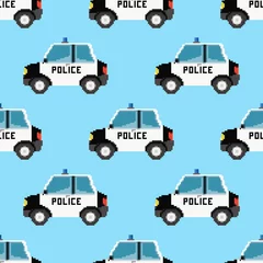Tapeten Pixel-Cartoon-Autos. Vektornahtloses Muster von Pixelkunstautos. Perfekt für Stoffe, Tapeten, Geschenkpapier, Spiele und Schreibwarenprojekte. © nataliia_ptashka