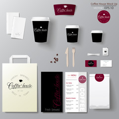 Coffee shop corporate identity template design set with calligraphy logo. Take away mock up
