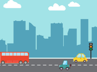 Obraz na płótnie Canvas Pixel cartoon cars, bus. Vector set. Pixel art 8 bit. Perfect for fabric, wallpaper, game, wrapping paper and stationery projects.