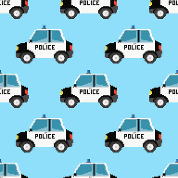 Pixel cartoon cars. Vector seamless pattern of pixel art cars. Perfect for fabric, wallpaper, wrapping paper, games and stationery projects.