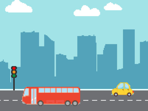 Pixel cartoon cars, bus. Vector set. Pixel art 8 bit. Perfect for fabric, wallpaper, game, wrapping paper and stationery projects.