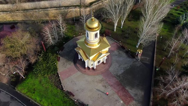 Church of Saint Nicholas in the center of city Mykolaiv. Beautiful golden dome shining with the sunlight. 