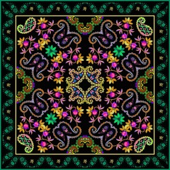 Colorful bandana print with beautiful floral ornament. Silk square scarf. Fashion design. Pillowcase, napkin.
