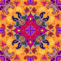 Colorful ornament in ethnic style with flowers and paisley. Festive seamless pattern. Print for fabric. Pillowcase, napkin, carpet.