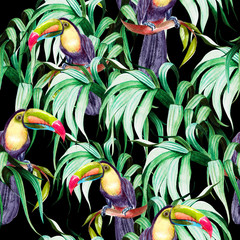 Beautiful watercolor seamless pattern with tropical leaves and bird tukan.   © knopazyzy