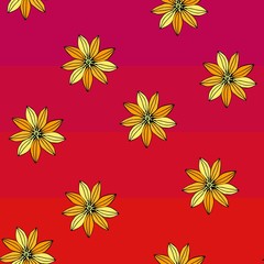 Bright yellow flowers on striped red background. Floral seamless pattern. Summer design.