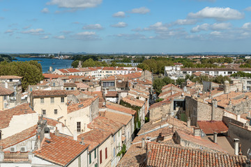 Overlook city of Arles from top of the Arles Amphitheatre arena, Provence, France