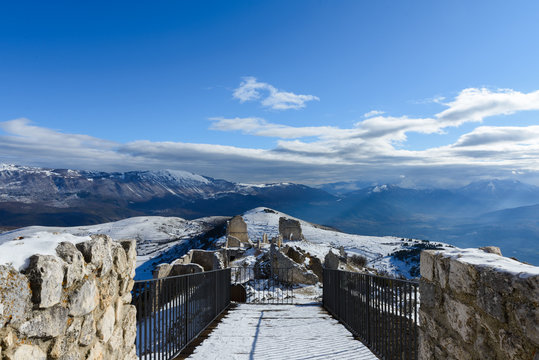 Snowy mountain landscape seen from Rocca Calascio