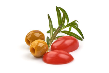 Sliced cherry tomatoes with olives, isolated on white background