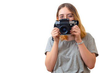 young girl takes pictures with a rare camera