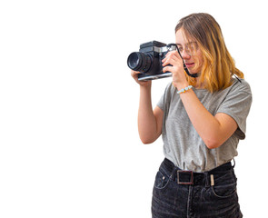 young girl takes pictures with a rare camera