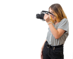young girl takes pictures with a rare camera
