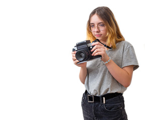 young girl takes pictures with a rare camera