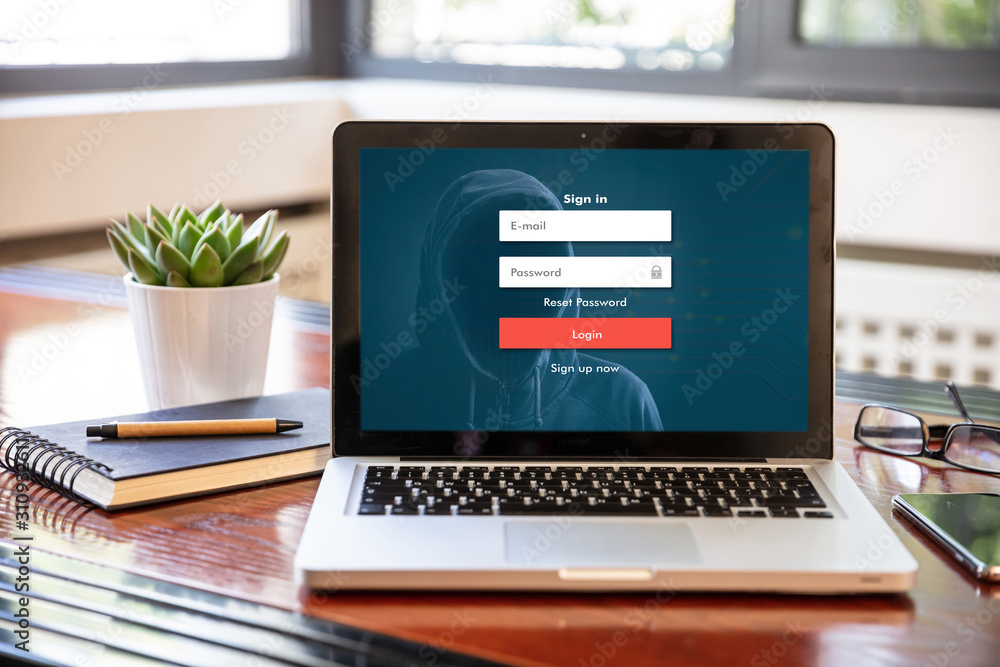 Poster internet security concept. login password on a laptop screen