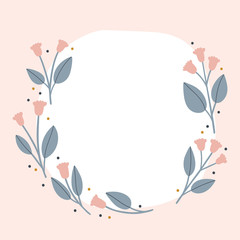 Beautiful simple Floral wreath with hand drawn Bellflower in pastel pink. Vector round frame with simple flowers. Floral background with blank space for your text.