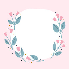 Beautiful simple Floral wreath with hand drawn Bellflower in pastel pink. Vector round frame with simple flowers. Floral background with blank space for your text.