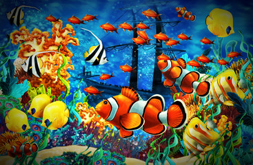 cartoon scene animals swimming on colorful and bright coral reef - illustration for children