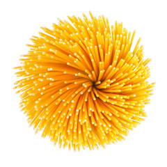 Uncooked pasta spaghetti macaroni, Top view, isolated on white background