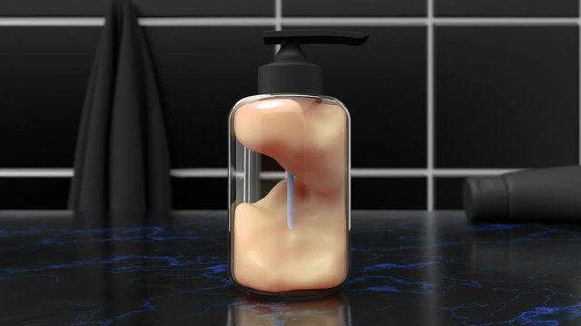 3d design of cosmetic bottle with dispenser in the bathroom. Cgi of weightless/antigravity cosmetic product inside of the plastic/glass container. Beauty black style trend for soap or antiseptic gel.