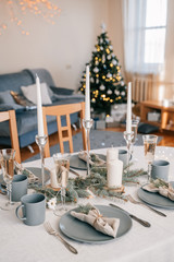 Cristmas decor kitchen table. Winter Holidays. Christmas background concept.