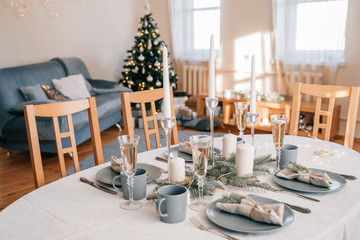 Cristmas decor kitchen table. Winter Holidays. Christmas background concept.