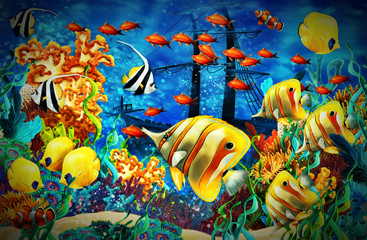 Plakat cartoon scene animals swimming on colorful and bright coral reef - illustration for children