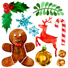 Watercolor illustration of Christmas elements set such as reindeer, branches with red berries, candy cane, snowflakes and gingerbread man