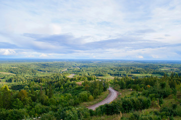 road in the forest and cloudy sky with a bird's eye view