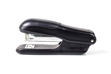 Black stapler on white background