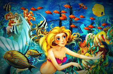 Obraz na płótnie Canvas Cartoon ocean and the mermaid in underwater kingdom swimming with fishes - illustration for children