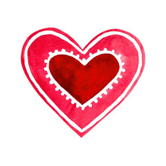 Red heart with white decoration, hand painted watercolor heart, Valentine greeting, Love, Romantic illustration, Saint Valentine illustration