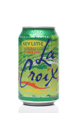 IRVINE, CALIFORNIA - 20 DEC 2019: A Single Can Of La Croix Key Lime Sparkling Water With Condensation Isolated On White With Reflection.