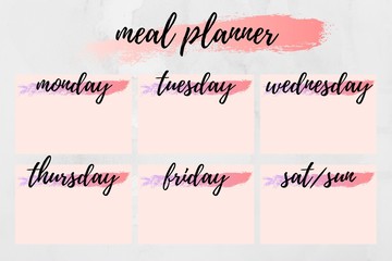 weekly meal planner Horizontal blank form Meal Planning for a week, note page. illustration printable boxes, in flat colors for planners, Printable to do pages for life planner. Diet plan page 