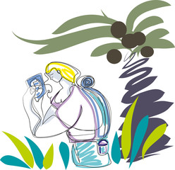 One continuous line drawing of tourist camper girl looking at map. Simple line art drawing of camper girl in the forest.