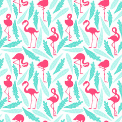 Seamless pattern with pink flamingo silhouettes and green leaves on white background. Vector illustration.