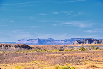 Moab Panorama views of desert mountain ranges along Highway 191 in Utah between Moab and Price in fall. Scenic nature near Canyonlands and Arches  National Park. United States of America. USA.