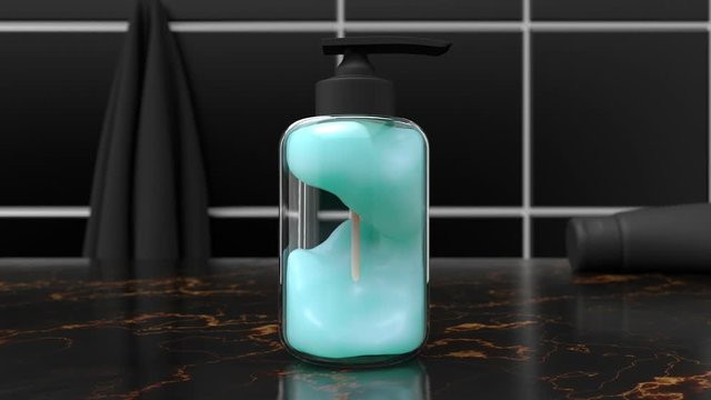 3d design of cosmetic bottle with dispenser in the bathroom. Cgi of weightless/antigravity cosmetic product inside of the plastic/glass container. Beauty black style trend for soap or antiseptic gel.