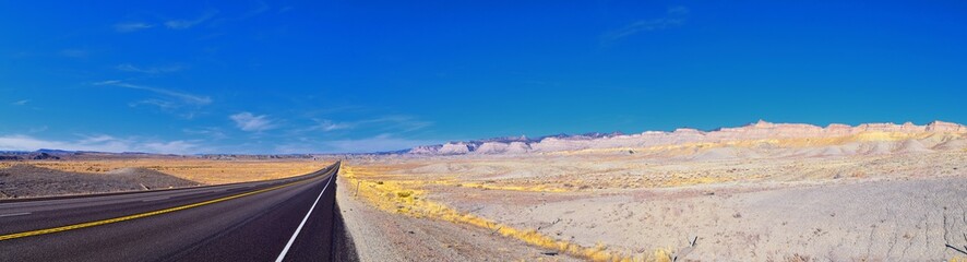Moab Panorama views of desert mountain ranges along Highway 191 in Utah between Moab and Price in fall. Scenic nature near Canyonlands and Arches  National Park. United States of America. USA.