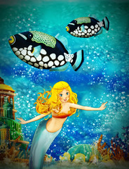Fototapeta na wymiar Cartoon ocean and the mermaid in underwater kingdom swimming with fishes - illustration for children