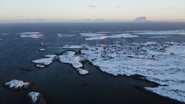 Winter in Hus&oslash;ya village, Tr&aelig;na islands, Nordland, Northern Norway, aerial drone shot