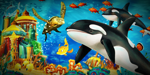 cartoon scene animals swimming on colorful and bright coral reef - illustration for children