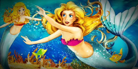 Plakat Cartoon ocean and the mermaid in underwater kingdom swimming with fishes - illustration for children