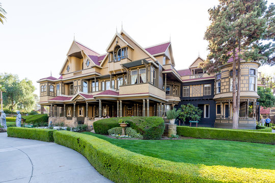 San Jose, California, USA - March 29, 2018: Exterior of Winchester Mystery House. The Winchester Mystery House was once the personal residence of Sarah Winchester.